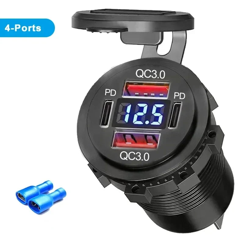 96W Dual USB Car Charger - PD & QC3.0 Fast Charging Socket with Voltmeter for 12V/24V Cars, Trucks, Boats & Motorcycles