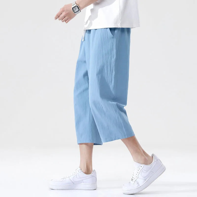 Men's Cotton Blend 3/4 Length Shorts - Casual Loose Fit Drawstring Summer Shorts with Pockets