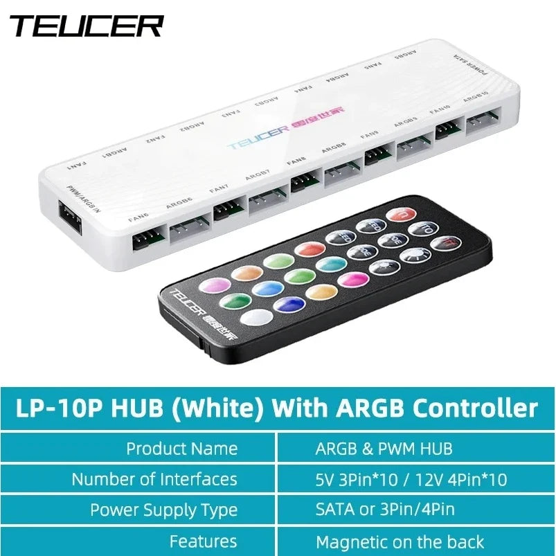 TEUCER LP-10 ARGB/PWM Fan Hub - 2-in-1 PC Fan Controller & ARGB Lighting Adapter