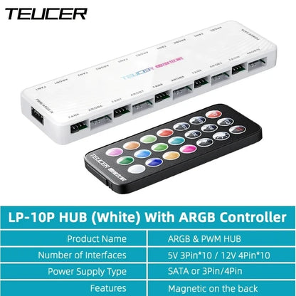 TEUCER LP-10 ARGB/PWM Fan Hub - 2-in-1 PC Fan Controller & ARGB Lighting Adapter