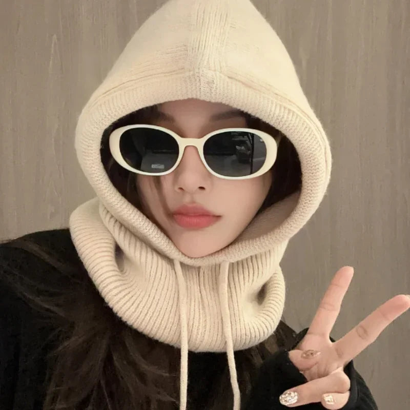 Knitted Hooded Balaclava Caps – Winter Korean Style Outdoor Warmer, One-Piece Neck Collar Beanie Hat for Women