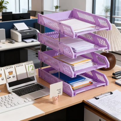 4-Tier File Tray Organizer - Detachable Multi-Layer Document Rack with Hollow Compartments
