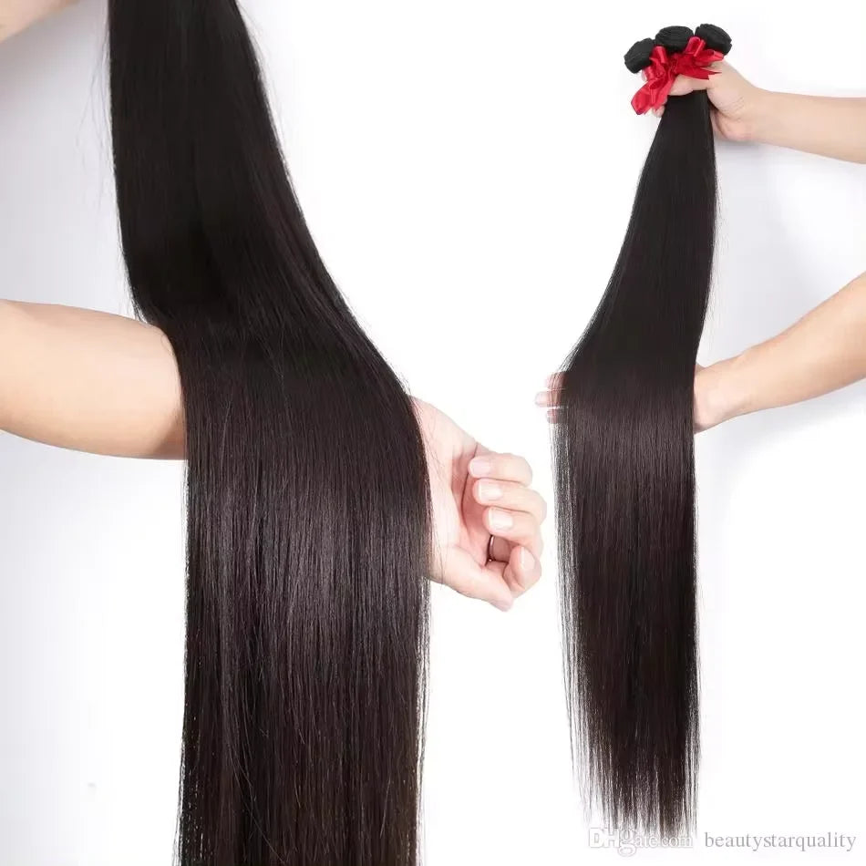 Queenlike Straight Human Hair Bundles With Lace Closure - Brazilian Weave 30 40 Inch 5x5 6x6 13x4 Frontal Hair Extensions