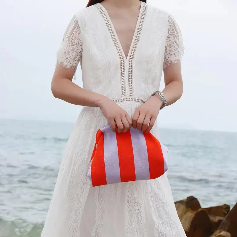 Summer Woven Crochet Clutch Bag – Women’s Cute Ruched Cloud Handbag, Casual Colorblock Purse
