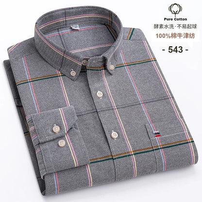 Men's 100% Cotton Oxford Plaid Shirt - Soft Regular Fit Long Sleeve Formal Dress Shirt with Pocket S-7XL