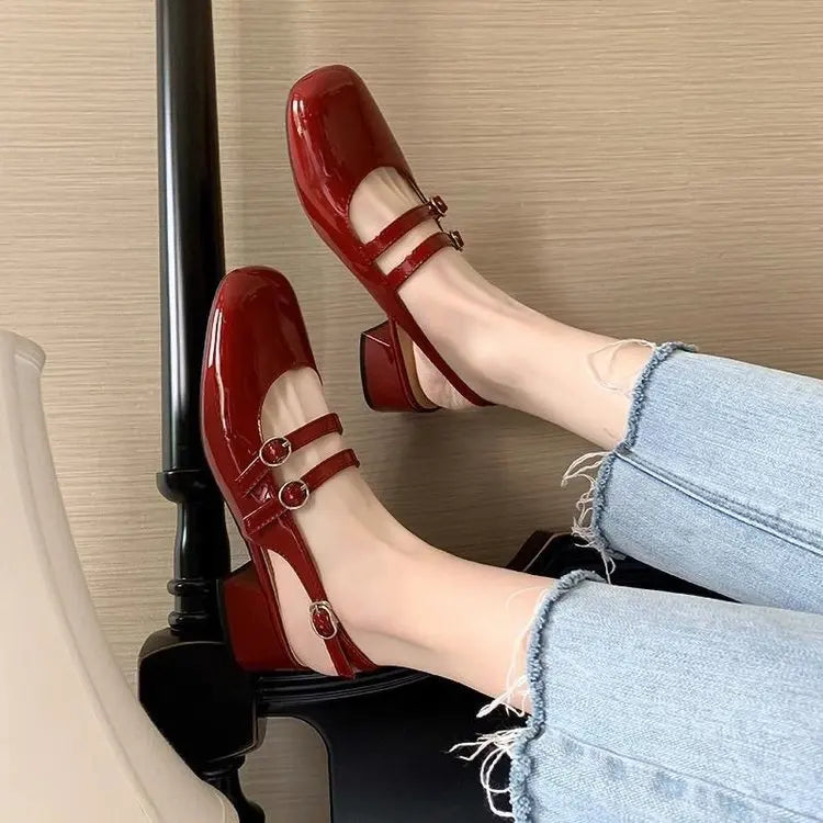 2025 Women’s Burgundy Mary Jane Shoes – Square-Toe Patent Leather Chunky Heel with Double Buckle