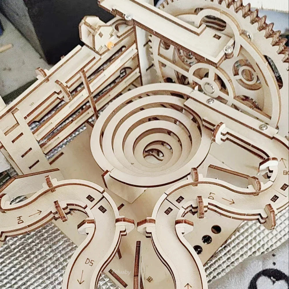 3D Wooden Puzzle DIY Mechanical Model Kit – Marble Run Set with 4 Balls, Assemble Toys for Adults & Kids, Unique Gifts