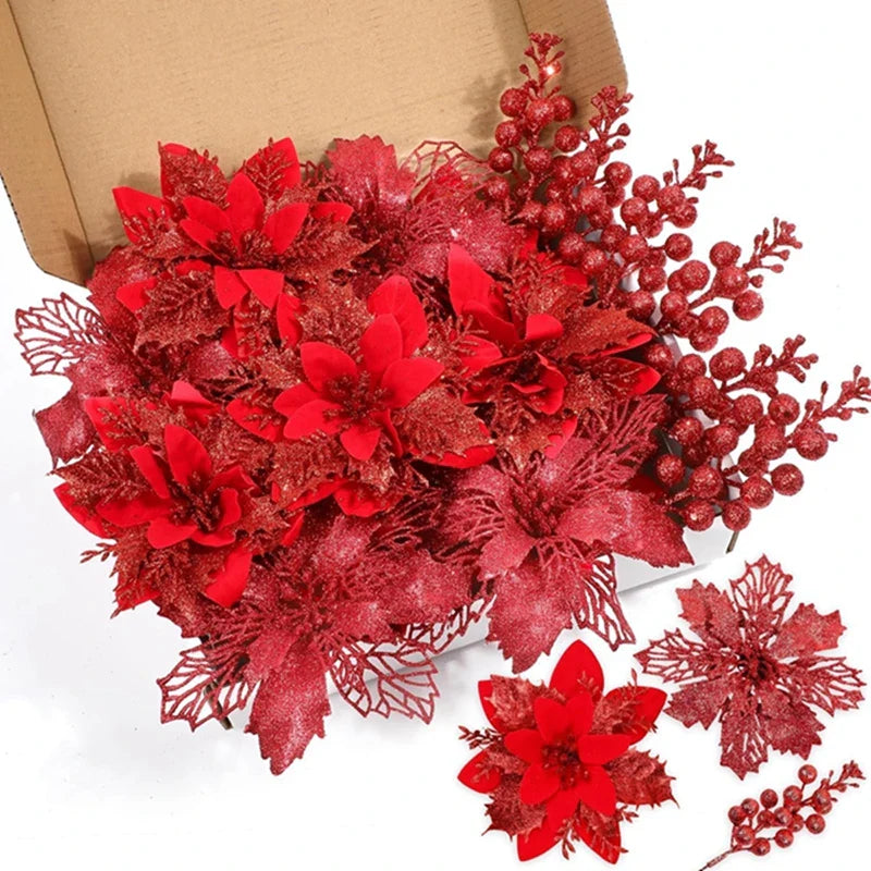 22PCS Christmas Decoration Set – Artificial Flowers & Berry Bouquet Ornaments for Tree, Home Decor, and Holiday Gifts