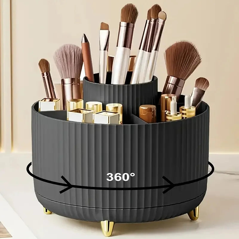 360° Rotating Makeup Organizer - 5 Compartment Plastic Cosmetic Holder for Brushes & Beauty Storage