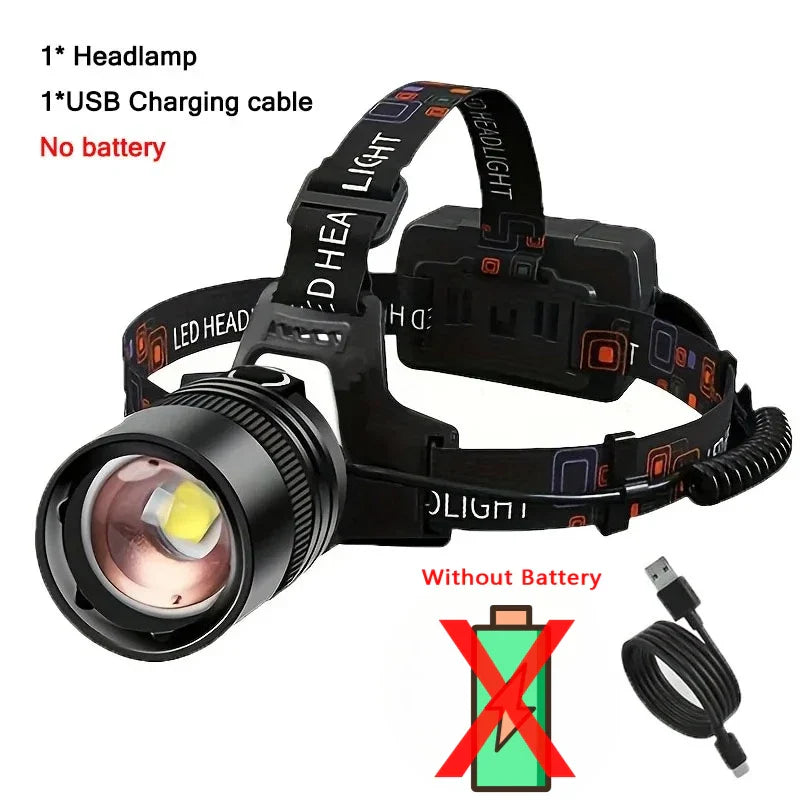 Powerful Rechargeable LED Headlamp – High Lumen Zoomable Telescopic Headlight, Waterproof Outdoor Work Head Torch with Adjustable Beam for Camping & Night Use