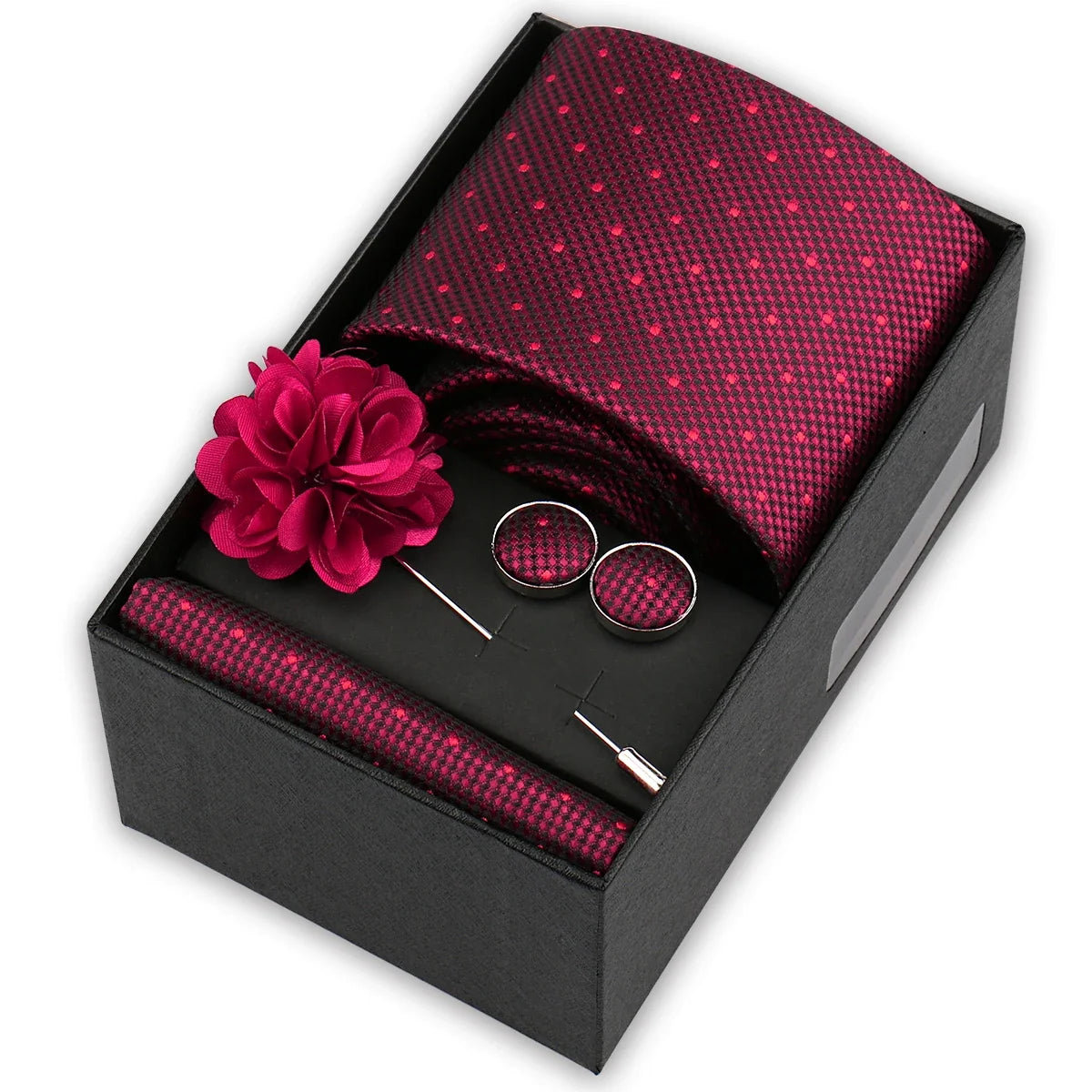 Men’s 4-Piece Tie Set Gift Box - Elegant Necktie with Handkerchief, Cufflinks & Brooch for Business, Wedding & Suit Accessories