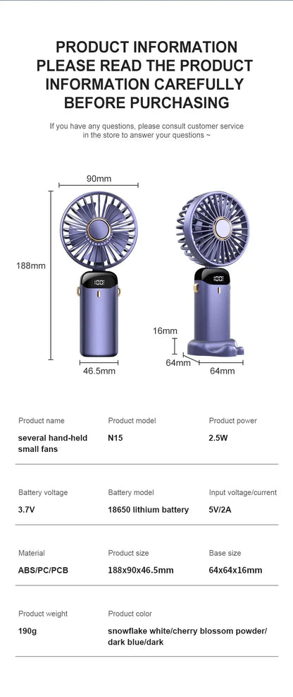 5000mAh Handheld Mini Fan – Wireless USB Rechargeable Portable Fan with Digital Display, Phone Holder, 5-Speed Foldable Neck Hanging Fan