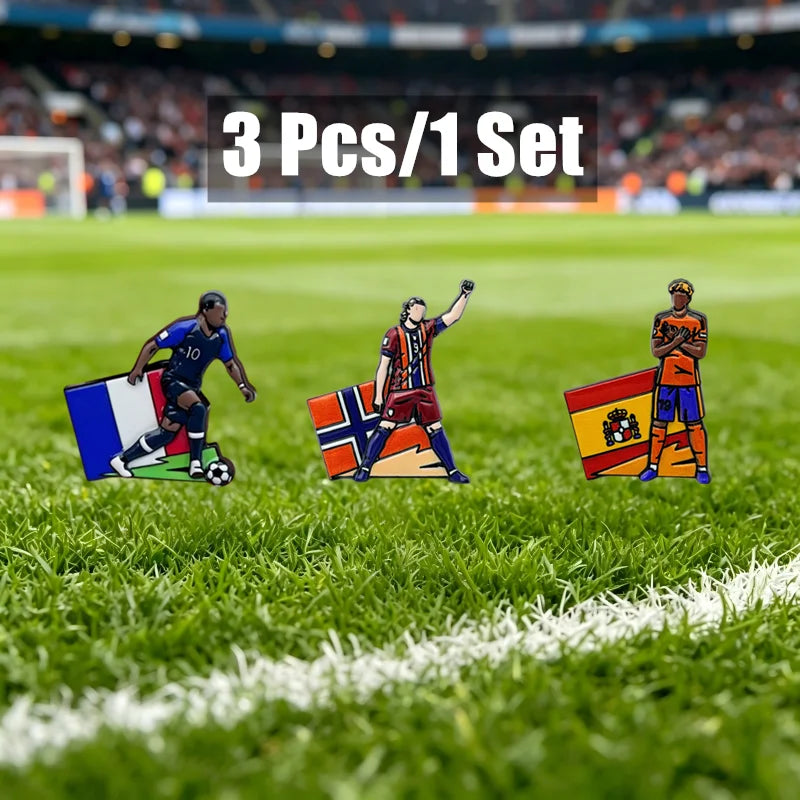 Football Enamel Brooch Pins - 3-Piece Soccer Player Lapel Badge Set for Backpacks, Clothing & Fans