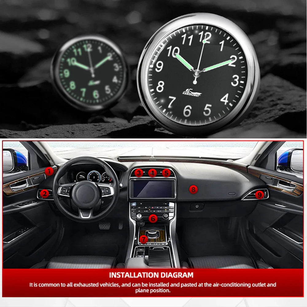 Luminous Stick-On Car Clock – Mini Quartz Digital Dashboard Watch, Glow-in-the-Dark Auto Interior Time Ornament & Car Accessory Gift