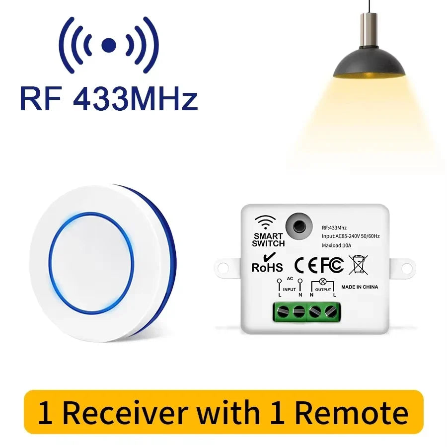 433MHz Wireless Relay Switch - 10A Remote Control Light Receiver with Wall Panel for LED Lamps 110V 220V