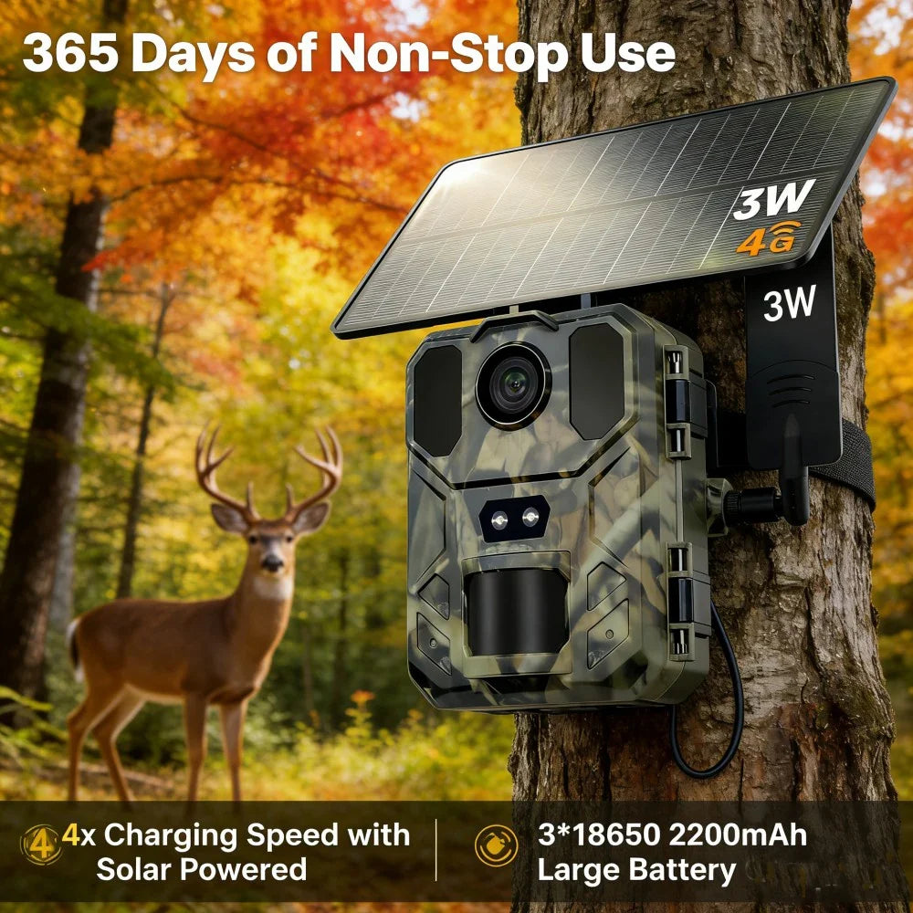 4G Solar Wildlife Trail Camera - 30MP 2K Night Vision Motion Detection Camera with Phone App
