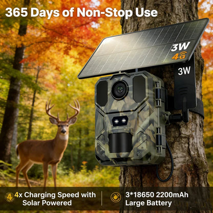 4G Solar Wildlife Trail Camera - 30MP 2K Night Vision Motion Detection Camera with Phone App