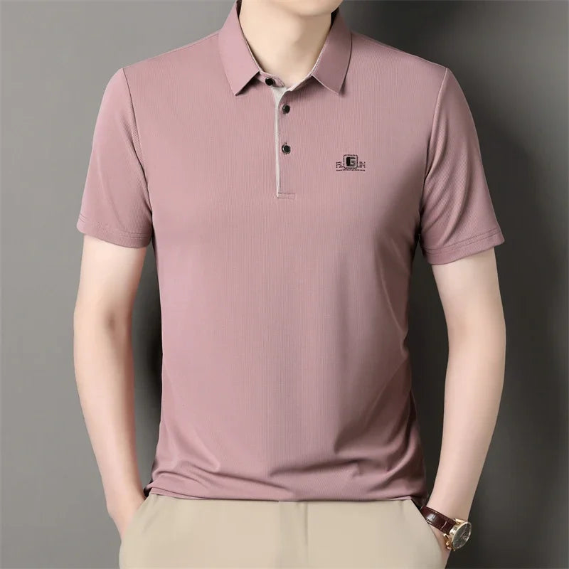 Men's Business Casual Short Sleeve Polo Shirt - Solid Color Breathable Badge Polo Top