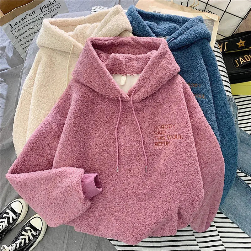 Women's Warm Fluffy Hoodie - Autumn Winter Lamb Wool Fleece Pullover Sweatshirt with Letter Print