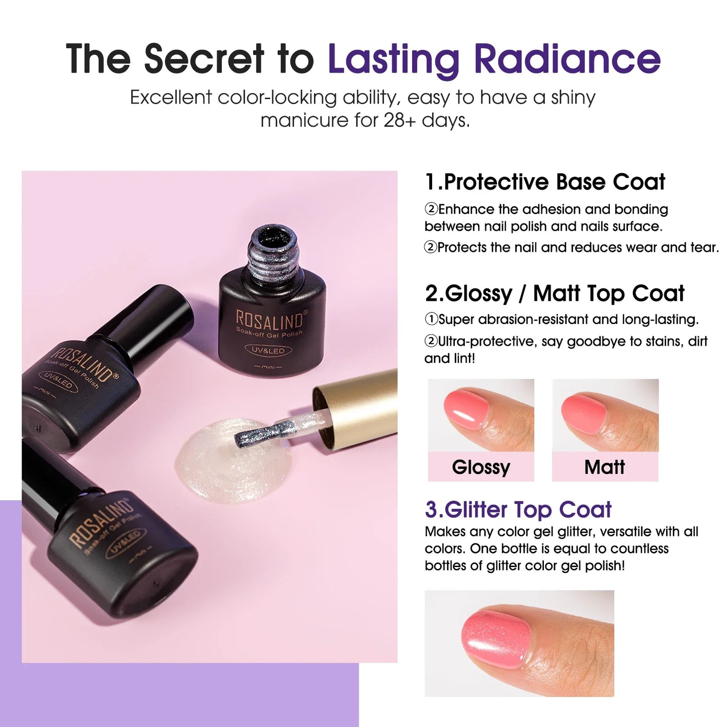 ROSALIND 24PCS Gel Nail Polish Set with Base & Top Coat – Long-Lasting Soak Off Nail Gel Kit