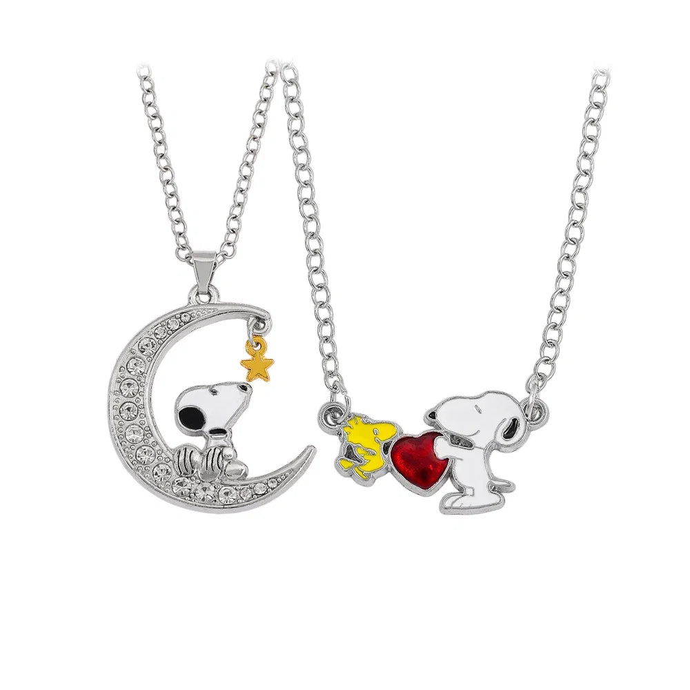 Snoopy Woodstock Friendship Necklace - Silver-Tone Moon & Heart Pendant with Cute Enamel & Rhinestone Details
