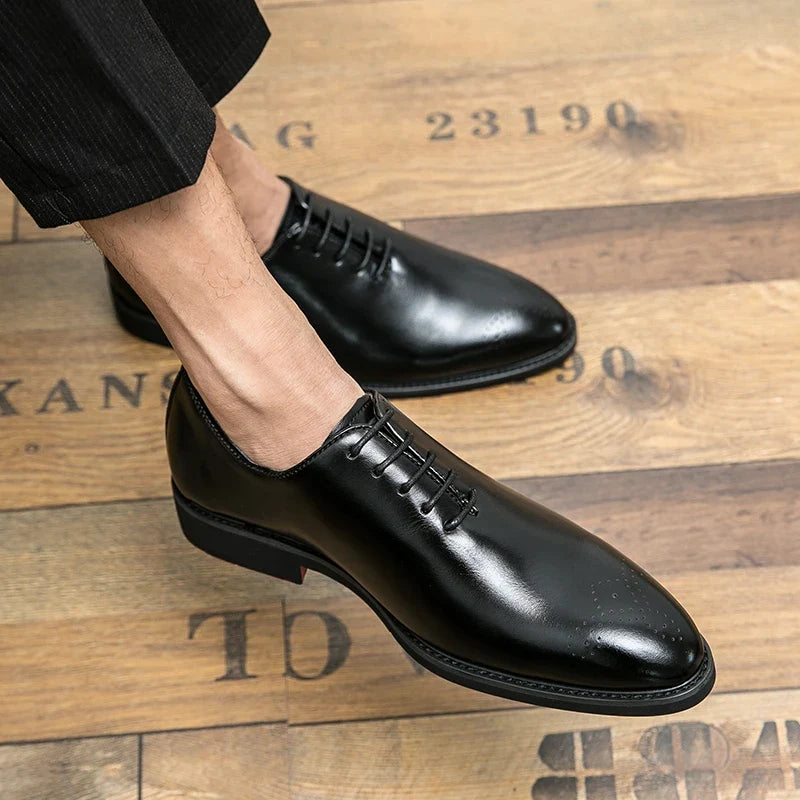 Men’s Black Red-Sole Brogue Shoes - Lace-Up Round Toe Business & Formal Dress Shoes
