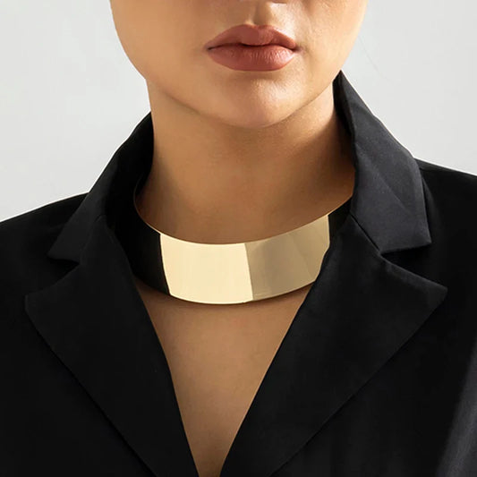 Exaggerated Chunky Metal Wire Choker Necklace – Gold Punk Collar, Wide Smooth Chain, Steampunk Jewelry for Women
