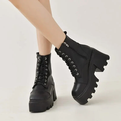 Women’s Plus Size Winter Ankle Boots - Platform Square Heel Lace-Up Shoes with Side Zipper