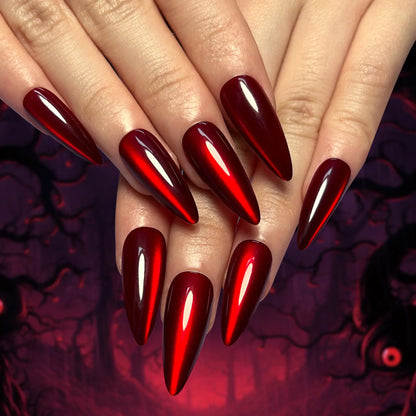 24PCS Glossy Red Cat Eye Press-On Nails Almond Full Cover Reusable Fake Nail Set
