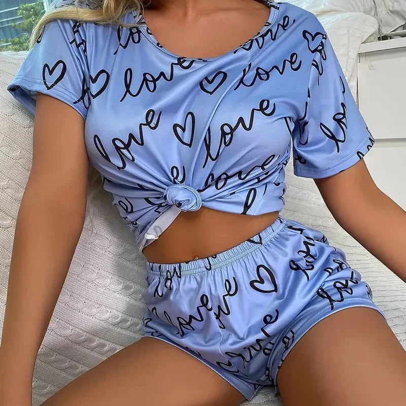 Women's 2-Piece Pajamas Set – Short Sleeve Cartoon Print Top and Pants Sleepwear Loungewear