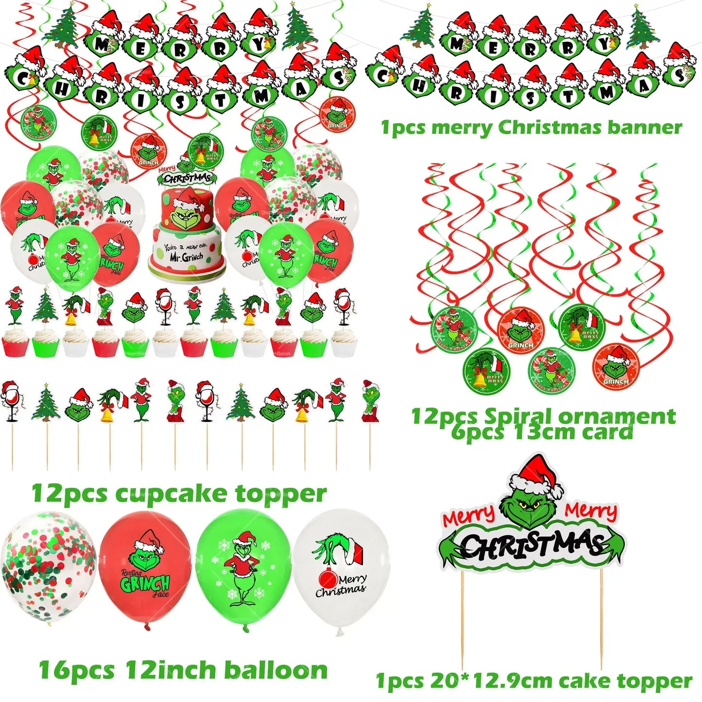 Grincs Christmas Party Balloon Decoration Set – Merry Xmas Banner Cake & Disposable Tableware Supplies Green Red