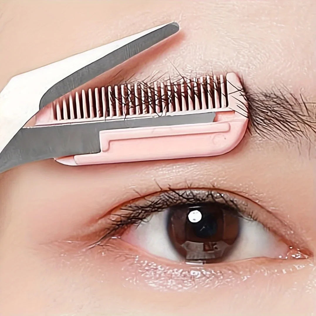 Pink Eyebrow Trimming Scissors - Stainless Steel Brow Grooming Tool with Built-In Comb