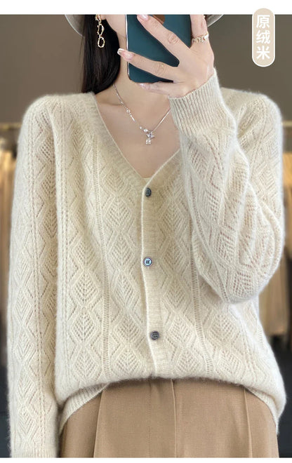 Women's 100% Wool Cashmere Cardigan – V-Neck, Super Soft, Loose Fit, Long Sleeve Knit Sweater
