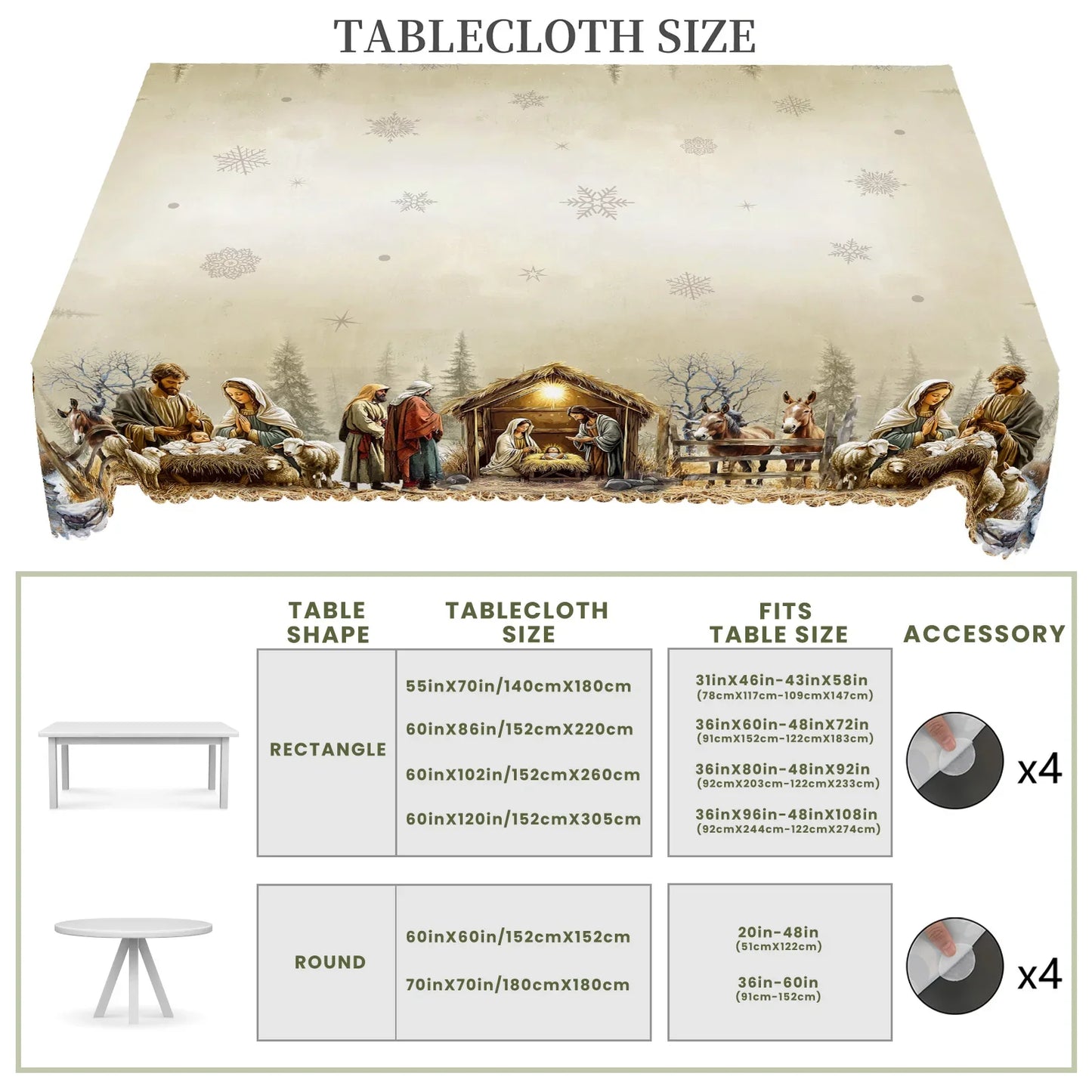 Christmas Nativity Scene Tablecloth – Yule Home Party Decor for Indoor & Outdoor, Round & Rectangular Tables