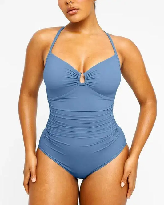 Smart Sculpt U-Ring One Piece Swimsuit - Shiny V-Neck Ruching Waist Backless Shaping Beachwear