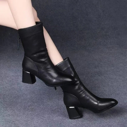 Women’s Versatile Leather Boots - Anti-Slip High Heel Casual Shoes for Fashionable Everyday Wear