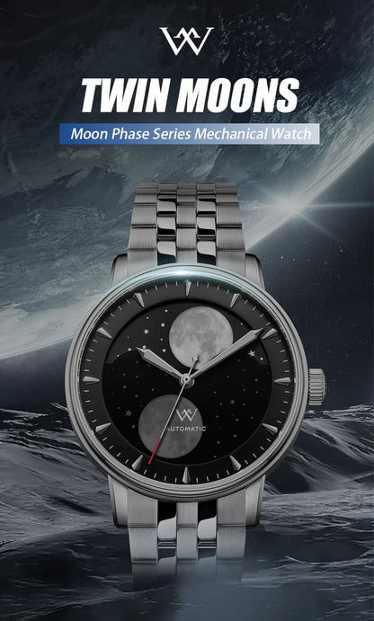 WM Welly Merck Automatic Mechanical Men's Watch — Lunar Moon Phase, Sapphire, Waterproof, Luminous Twin Moons WM142