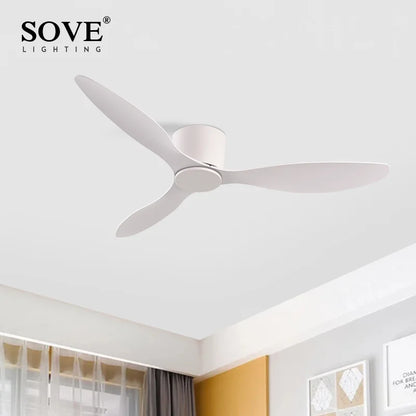 SOVE Modern Black & White Low Floor Ceiling Fan – 30W DC Motor with Remote Control, No Light, 220V