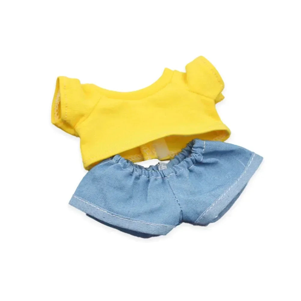 Labubu Idol Doll Clothes Set – T-Shirt & Denim Shorts Outfit for 17cm Labubu & 10cm Cotoon Dolls, Doll Accessories