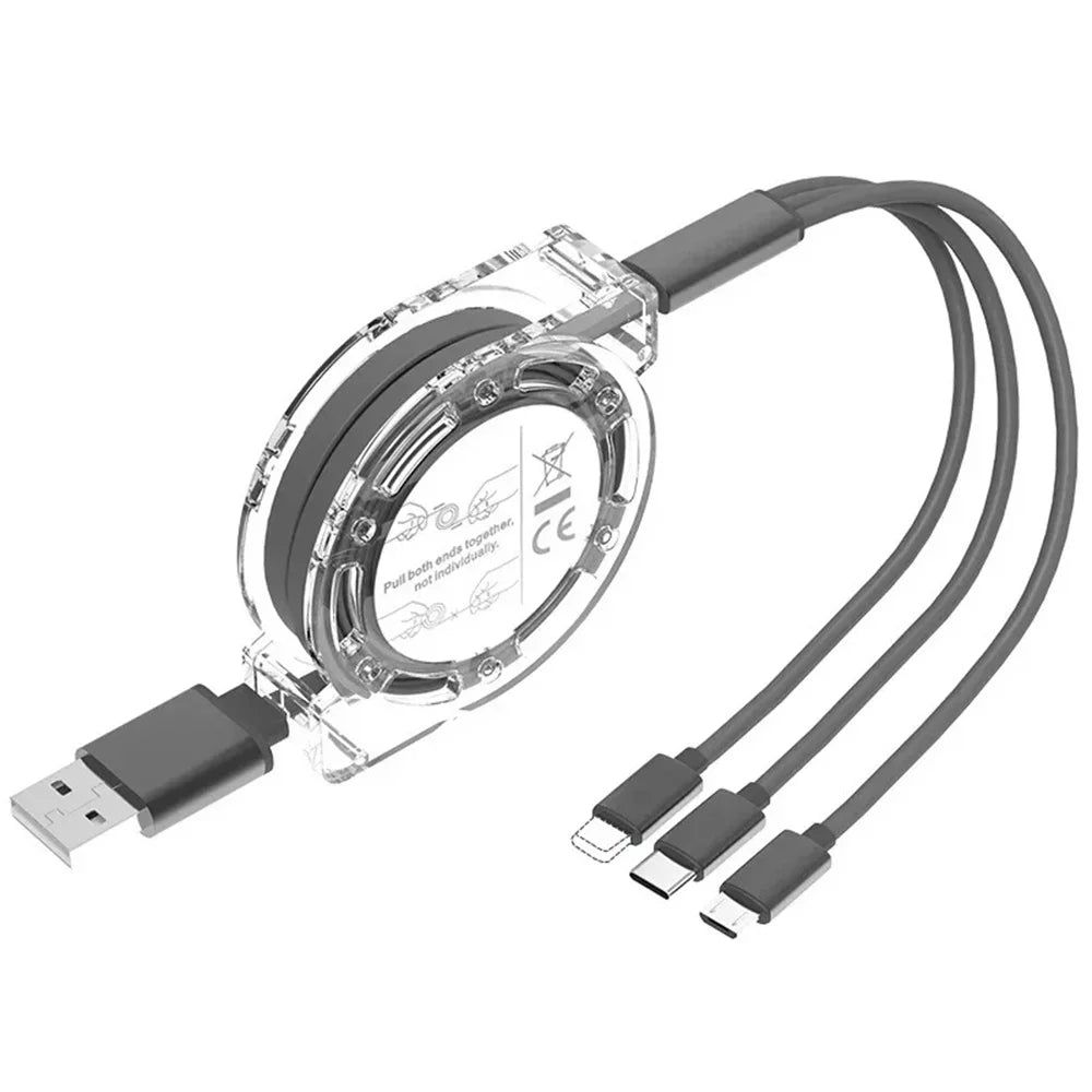 3-in-1 Retractable USB Data Cable – Fast Charging for iPhone, Type-C & Micro USB, Compatible with Android, Xiaomi, Huawei, Samsung