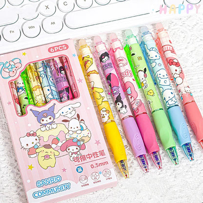 6PCS Sanrio Erasable Gel Pens – Pochacco, Kuromi, Cinnamoroll & Hello Kitty Neutral Ballpoint Pens for Students & Office