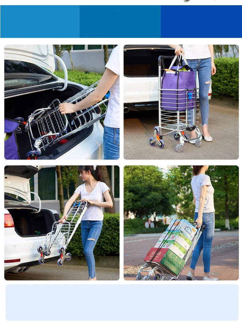 Portable Aluminum Alloy Grocery Cart – Folding Trolley with Large Capacity, Lightweight & Step Climbing Design
