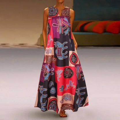 Women’s Retro V-Neck Summer Dress - Sleeveless Printed Maxi Swing Skirt with Loose Comfortable Fit