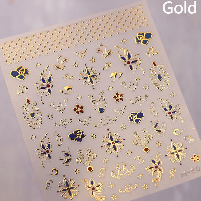 5D Gold Stamped Nail Art Stickers - Silver Sun Stars Snake Chinese Style Self-Adhesive Manicure Decals
