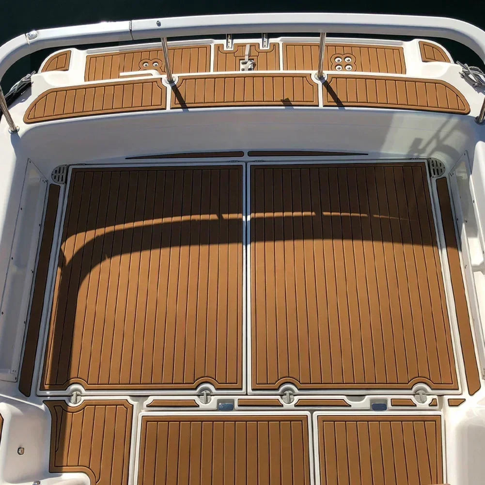 2.4m Self-Adhesive EVA Foam Marine Flooring — Faux Teak Striped Yacht Decking Sheet, 8 Styles in Brown, Gray, Gold & Black