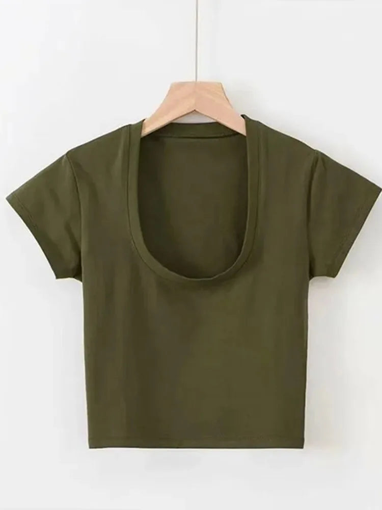 Women’s U-Neck Crop Top – Solid Color High Waist Slim Fit Short Sleeve Casual Streetwear T-Shirt