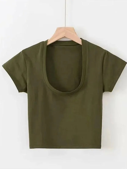 Women’s U-Neck Crop Top – Solid Color High Waist Slim Fit Short Sleeve Casual Streetwear T-Shirt