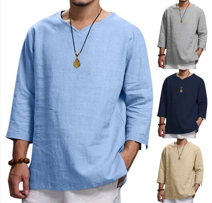 Men’s 3/4 Sleeve Casual Shirt - Loose Fit Solid Color Pullover Top