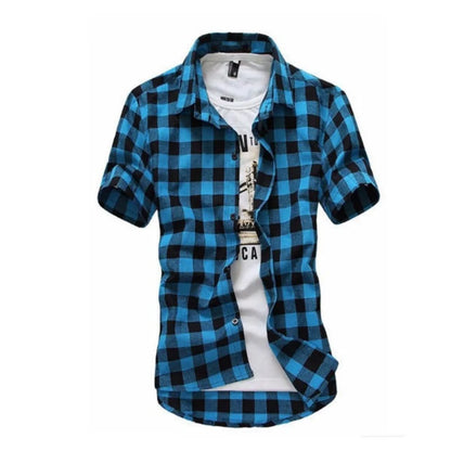 Men’s Red & Black Plaid Shirt - 2026 Summer Short Sleeve Checkered Casual Fashion Top