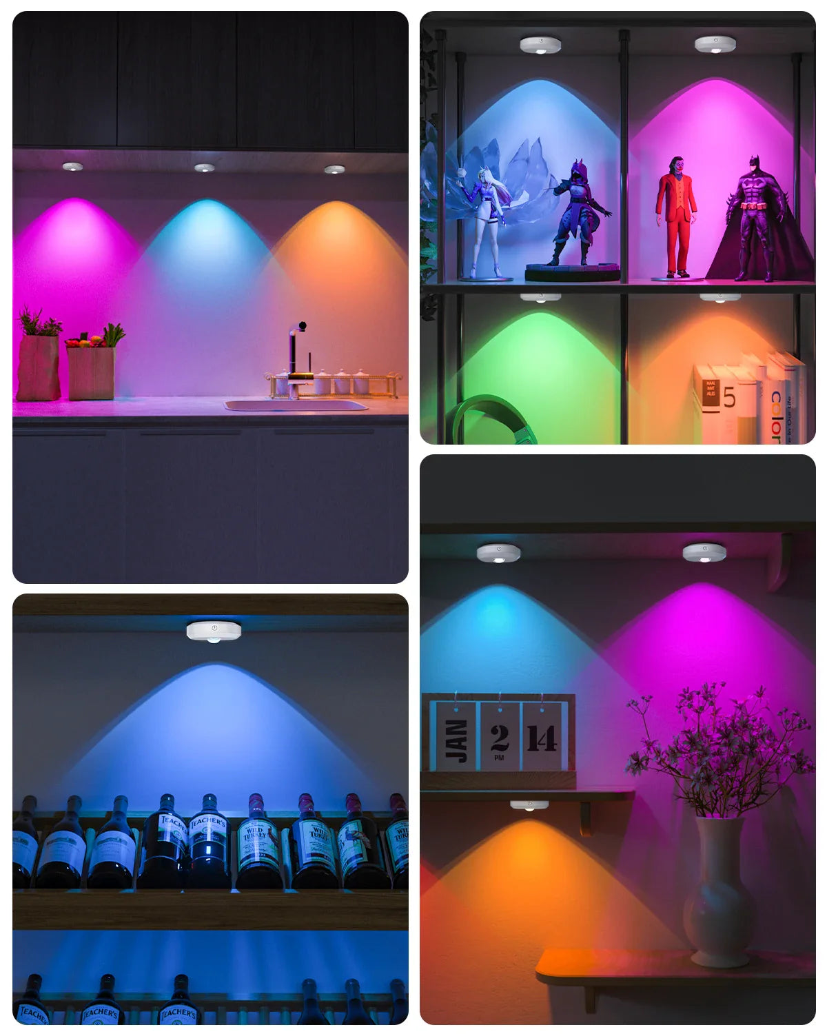 WILLED 6PCS RGB Rechargeable LED Night Lights – Remote Control, Dimmable & Timer Function for Kitchen, Cabinet & Shelf Lighting